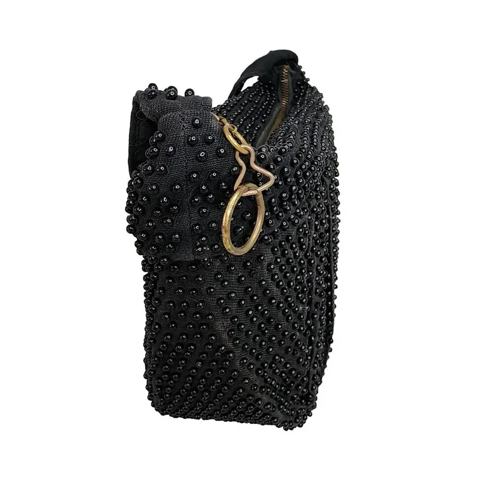 Vintage Plastic Beaded Bag Pleated Satchel Crescent Black Zippered Closure